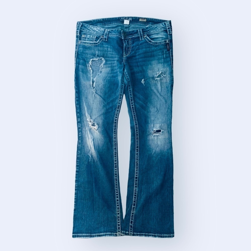 Silver Jeans Pioneer distressed bootcut size 34x33 thick white stitch​​​​​